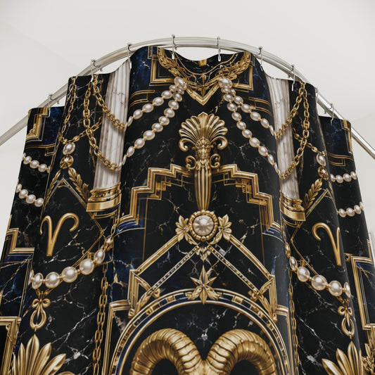 Decorative shower curtain with gold and pear Aries zodiac pattern on a black background