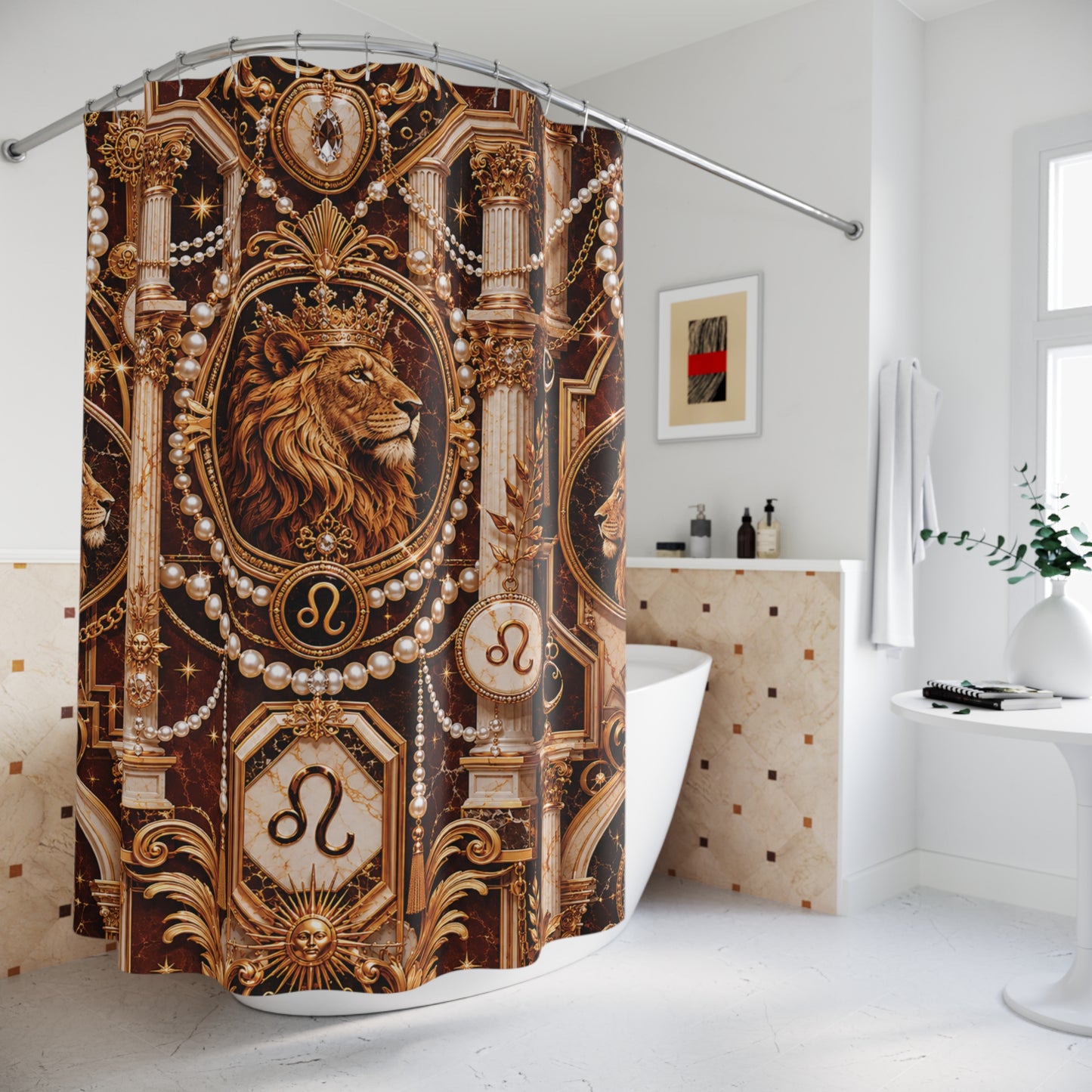 Decorative shower curtain with lion Luxury Leo Zodiac design in a bathroom setting