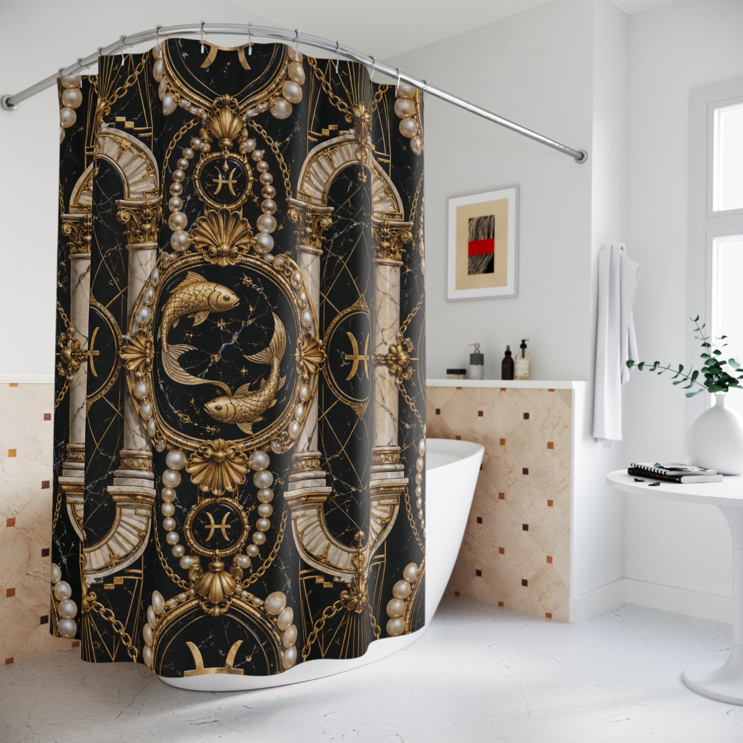 Decorative shower curtain with gold and black pattern in a bathroom setting
