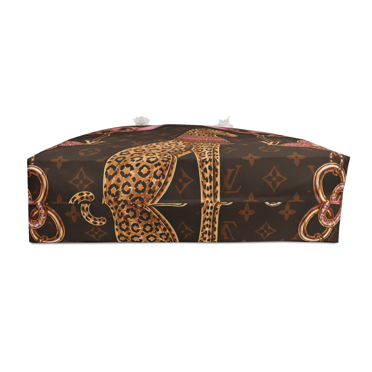 Luxury Leopard Print Weekender Bag – Brown Monogram Tote with Pink Jewel Chains