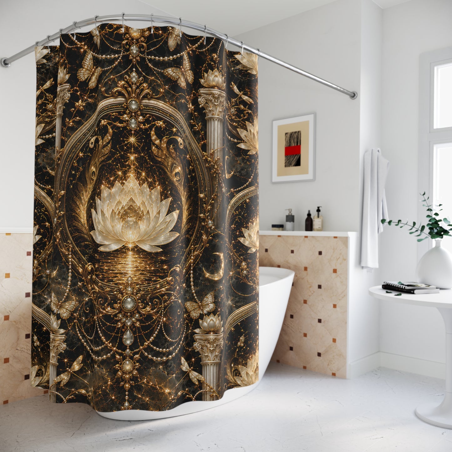 Luxurious Gold Lotus Shower Curtain — Ornate Spa Bathroom Decor