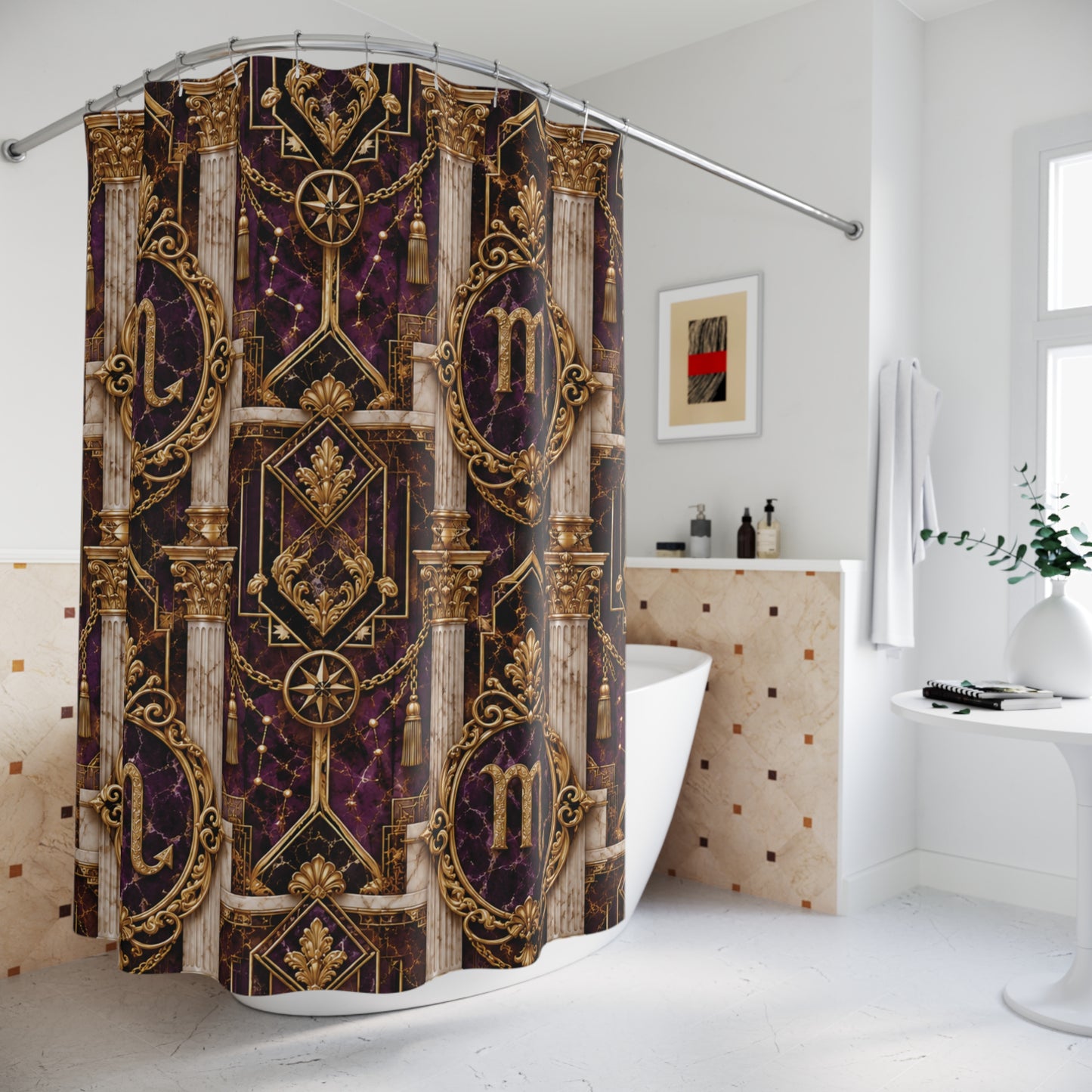 Decorative shower curtain with Scorpio Zodiac intricate gold and purple design in a bathroom.