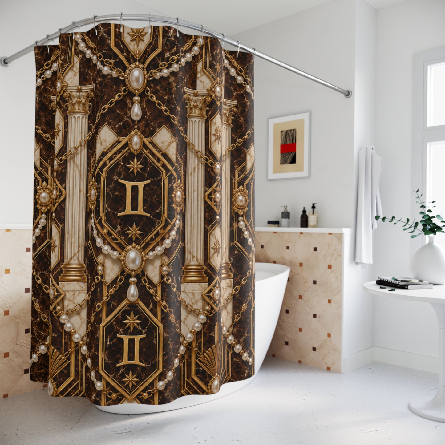 Decorative shower curtain with intricate design featuring columns, chains, and pearls on a dark background. Gemini zodiac pattern. in a bathroom setting