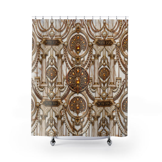 A shower curtain featuring an ornate Art Deco style pattern in beige, gold, and brown, hanging from silver hooks on a white rod against a light gray background.