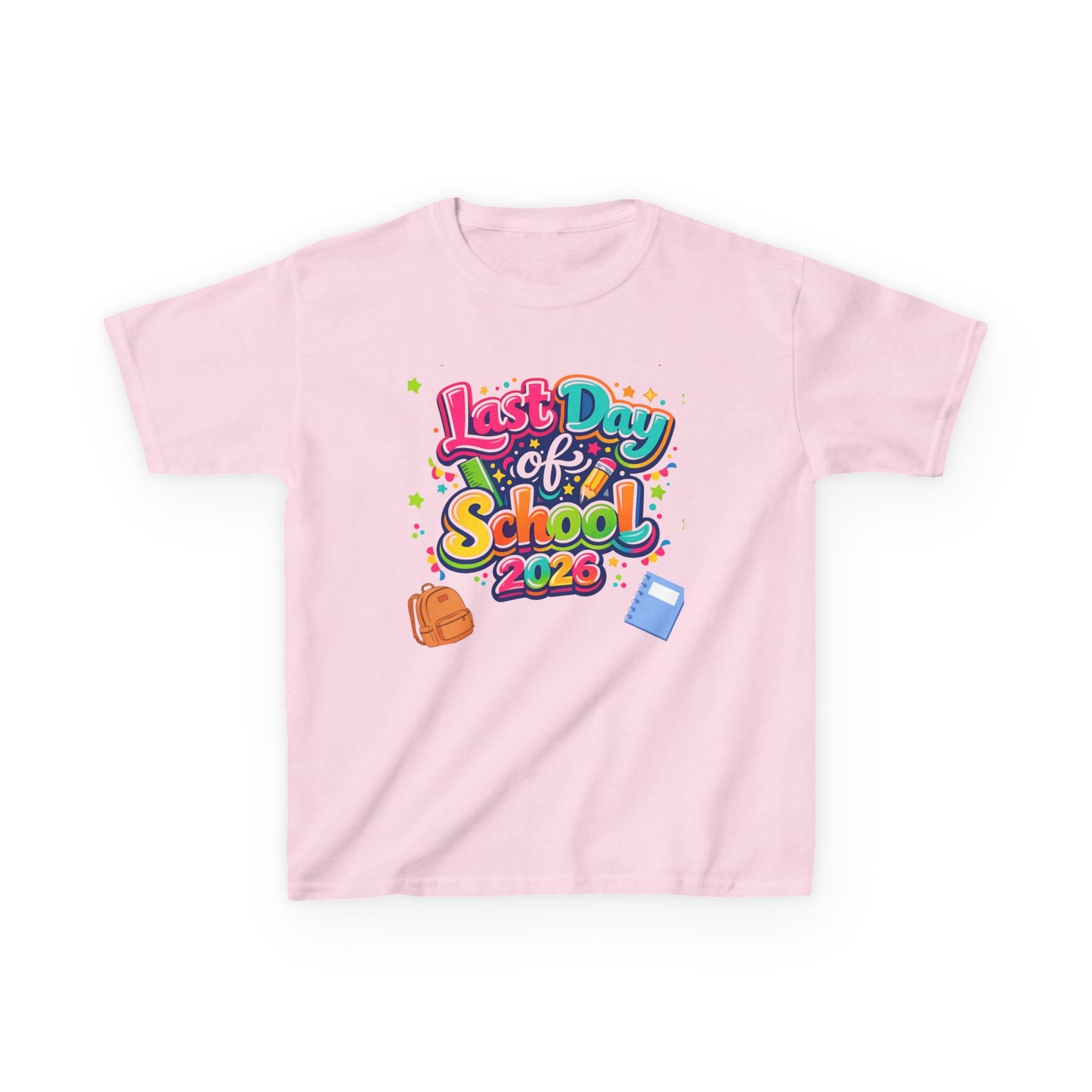 Pink t-shirt with 'Last Day of School 2026' text and graphics on a white background