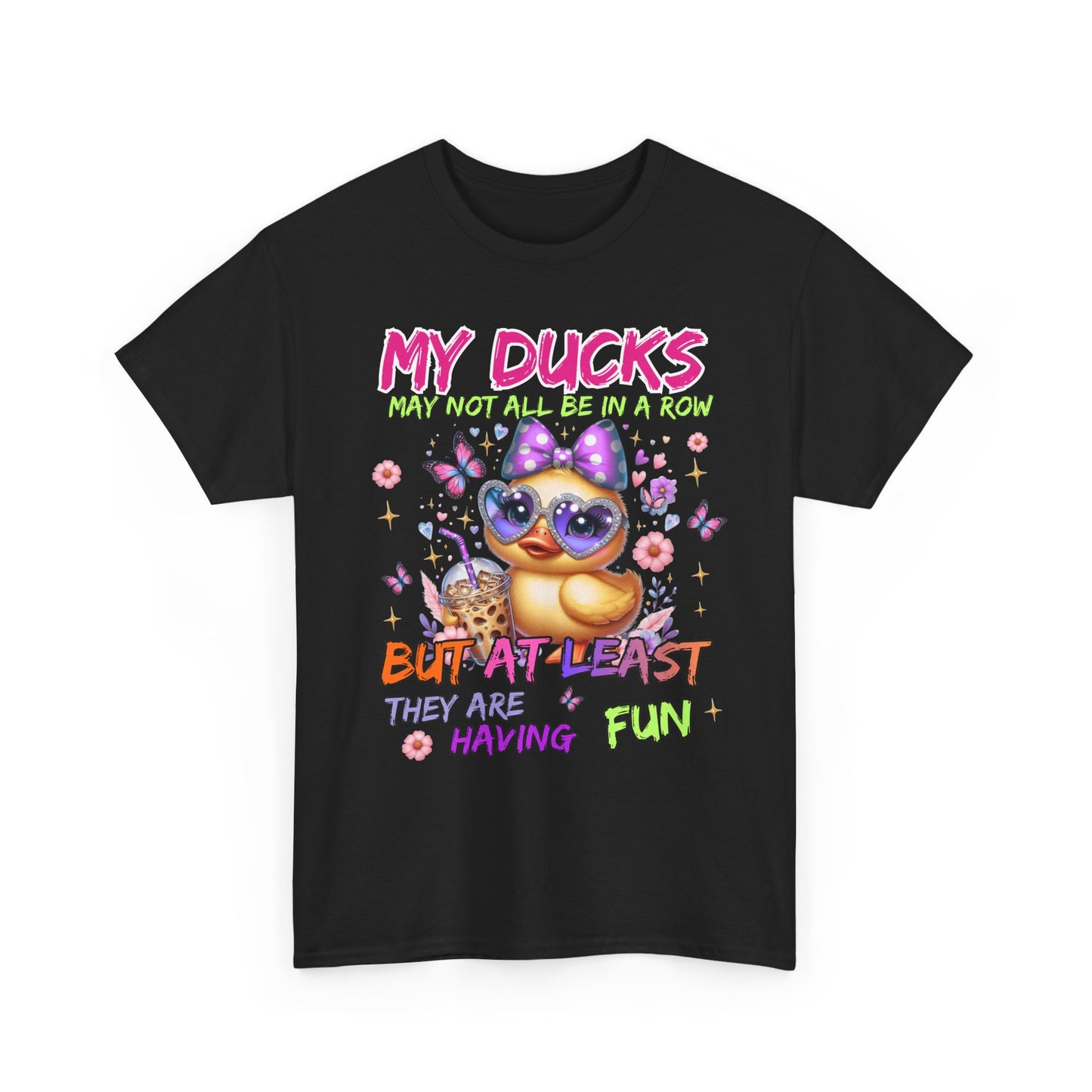 Black t-shirt with colorful duck graphic and text on a white background