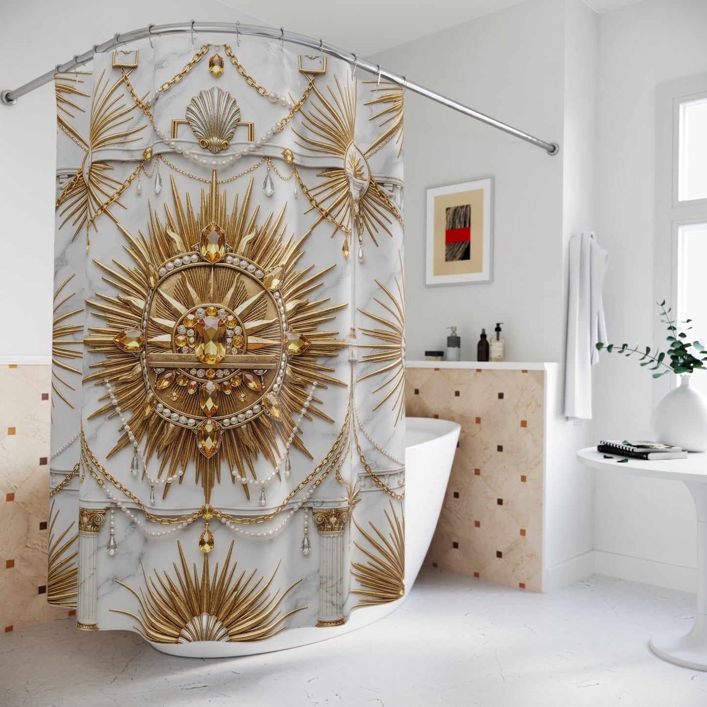 Ornate Gold Sunburst Shower Curtain — Baroque Decorative Bath Curtain