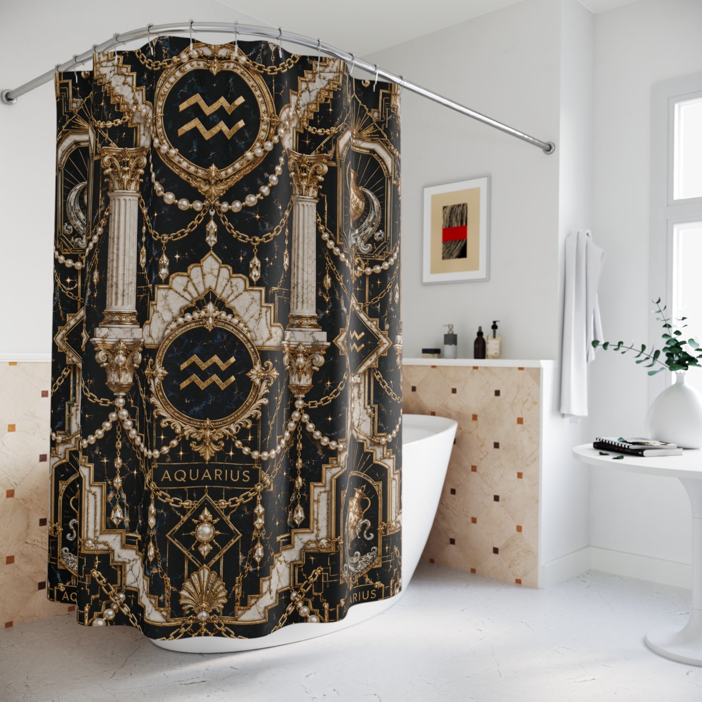 Decorative shower curtain with Aquarius zodiac symbol in a bathroom setting