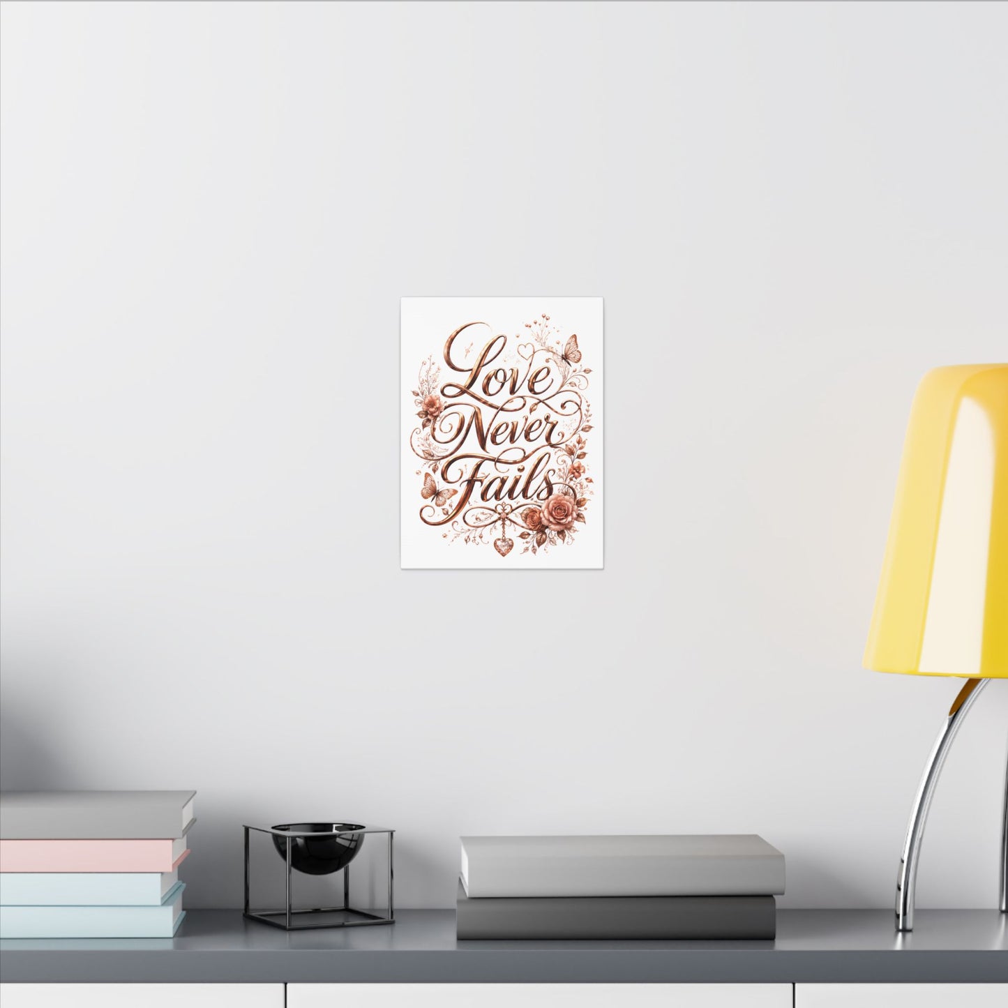 Love Never Fails Floral Canvas Wall Art — Romantic Rose Gold Typography
