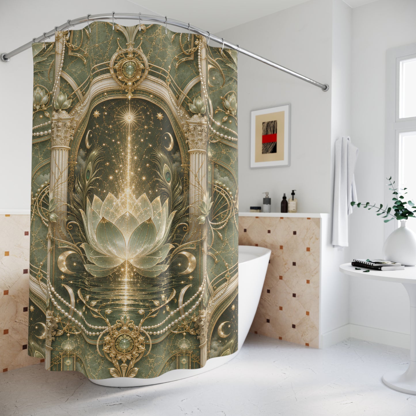Lotus Arch Shower Curtain — Mystical Green Lotus & Starfall Bathroom Decor