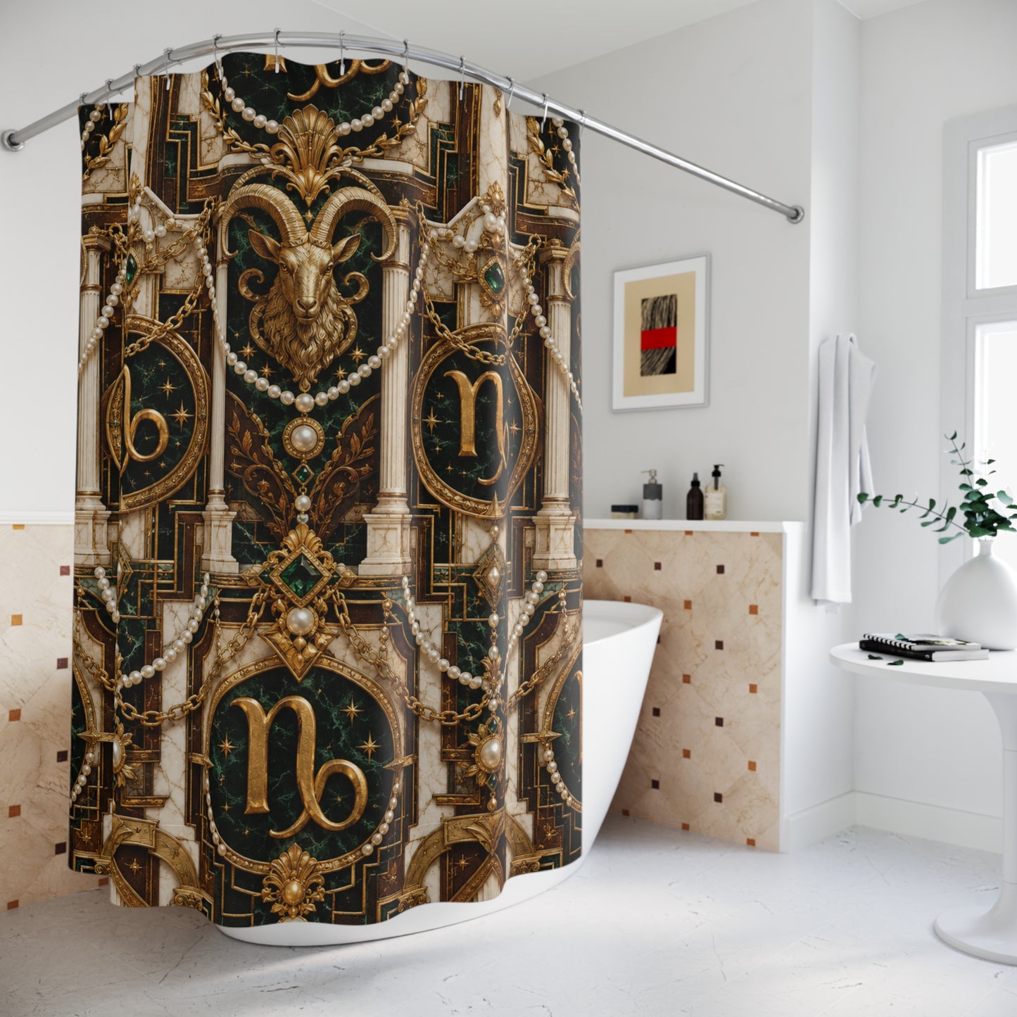Decorative shower curtain with Capricorn Zodiac design in a bathroom setting