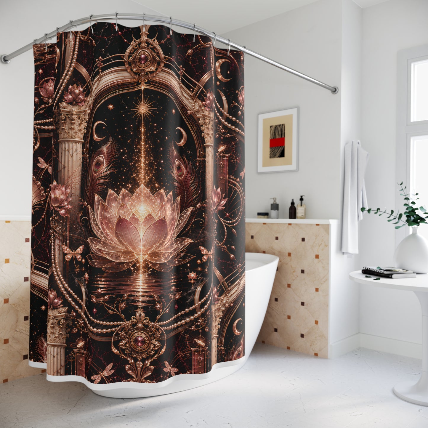 A shower curtain with an ornate gothic fantasy design featuring a glowing lotus flower, celestial arches, and gold chains on a dark background, hanging in a bright white bathroom.