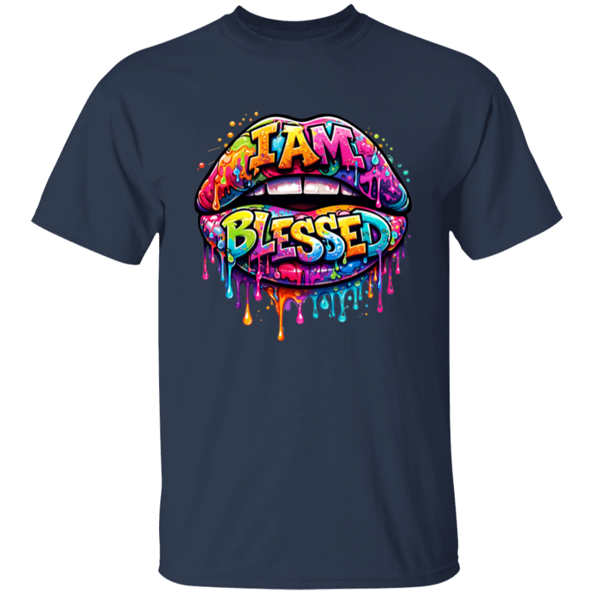 Navy blue t-shirt with colorful 'I AM BLESSED' graphic design on a white background