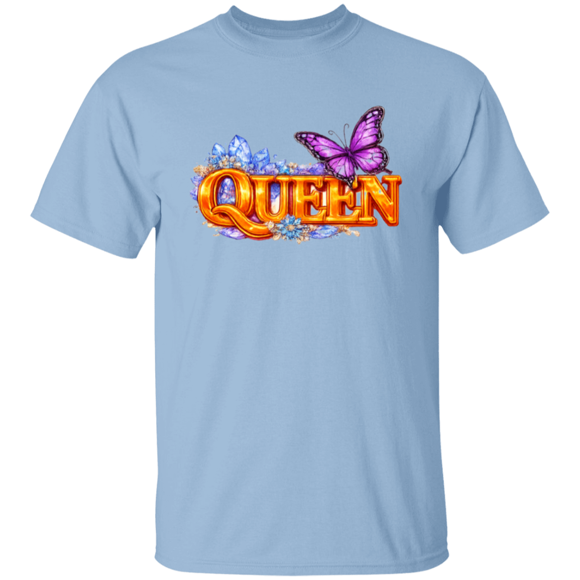 Light blue t-shirt with 'QUEEN' text and butterfly design on a white background