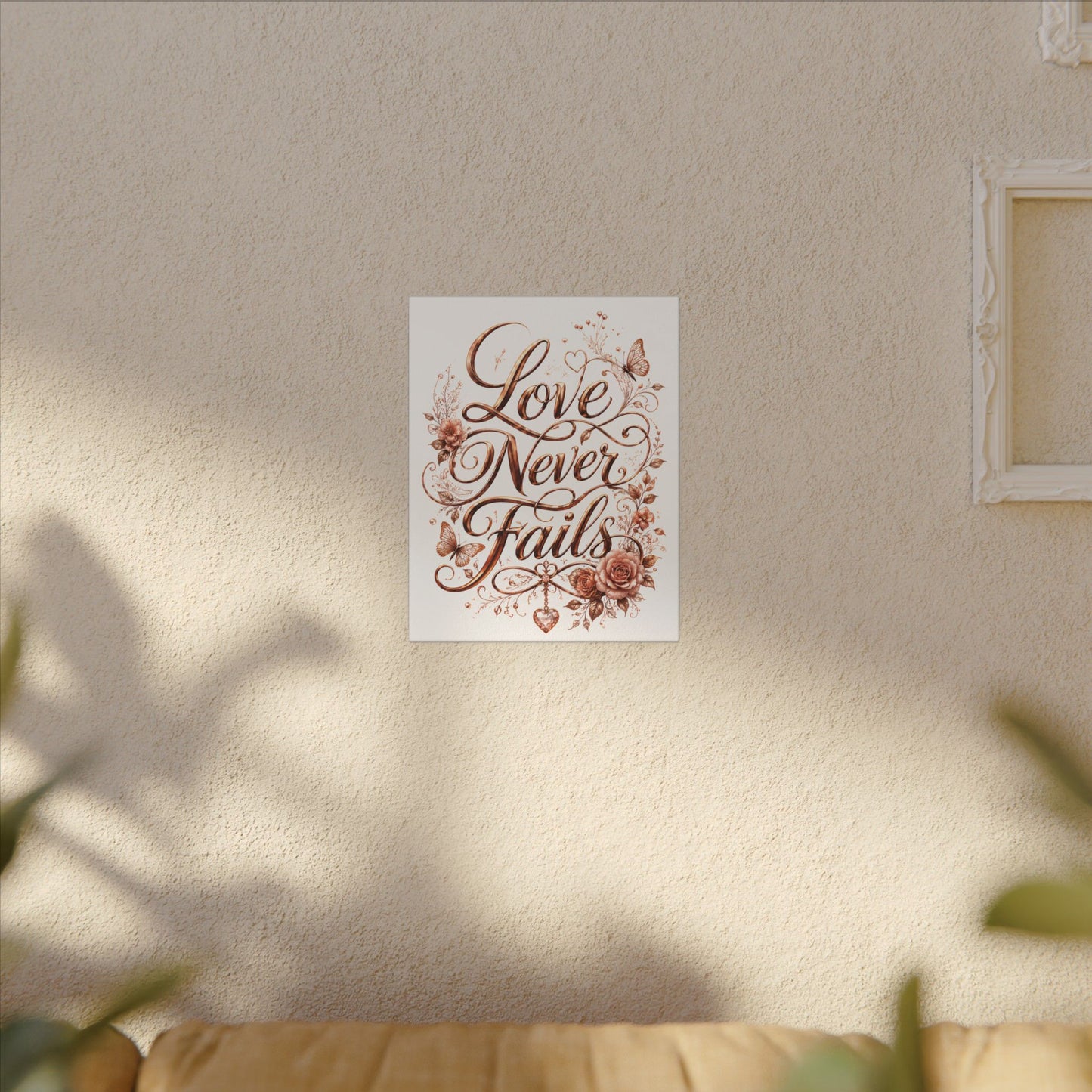 Love Never Fails Floral Canvas Wall Art — Romantic Rose Gold Typography