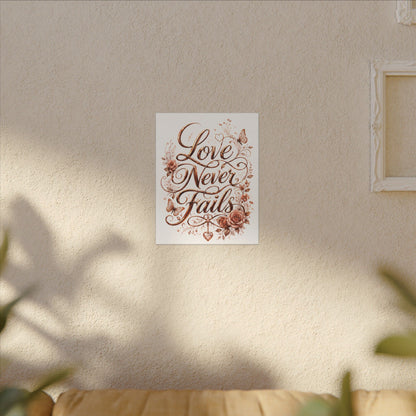 Love Never Fails Floral Canvas Wall Art — Romantic Rose Gold Typography