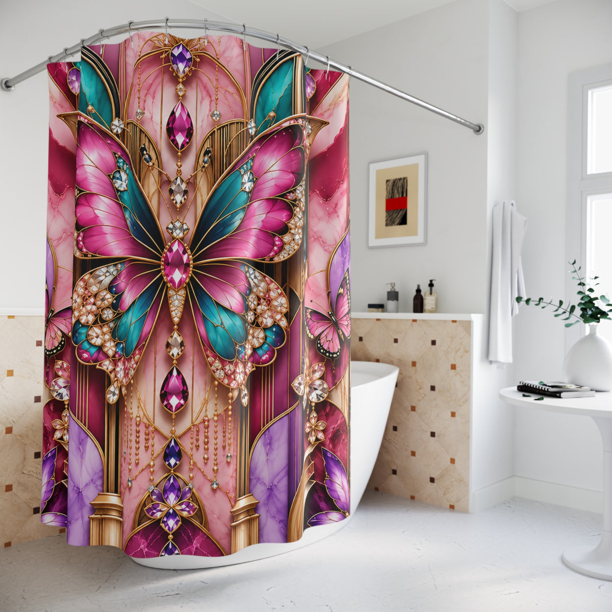 Butterfly Jewel – Pink & Teal Shower Curtain