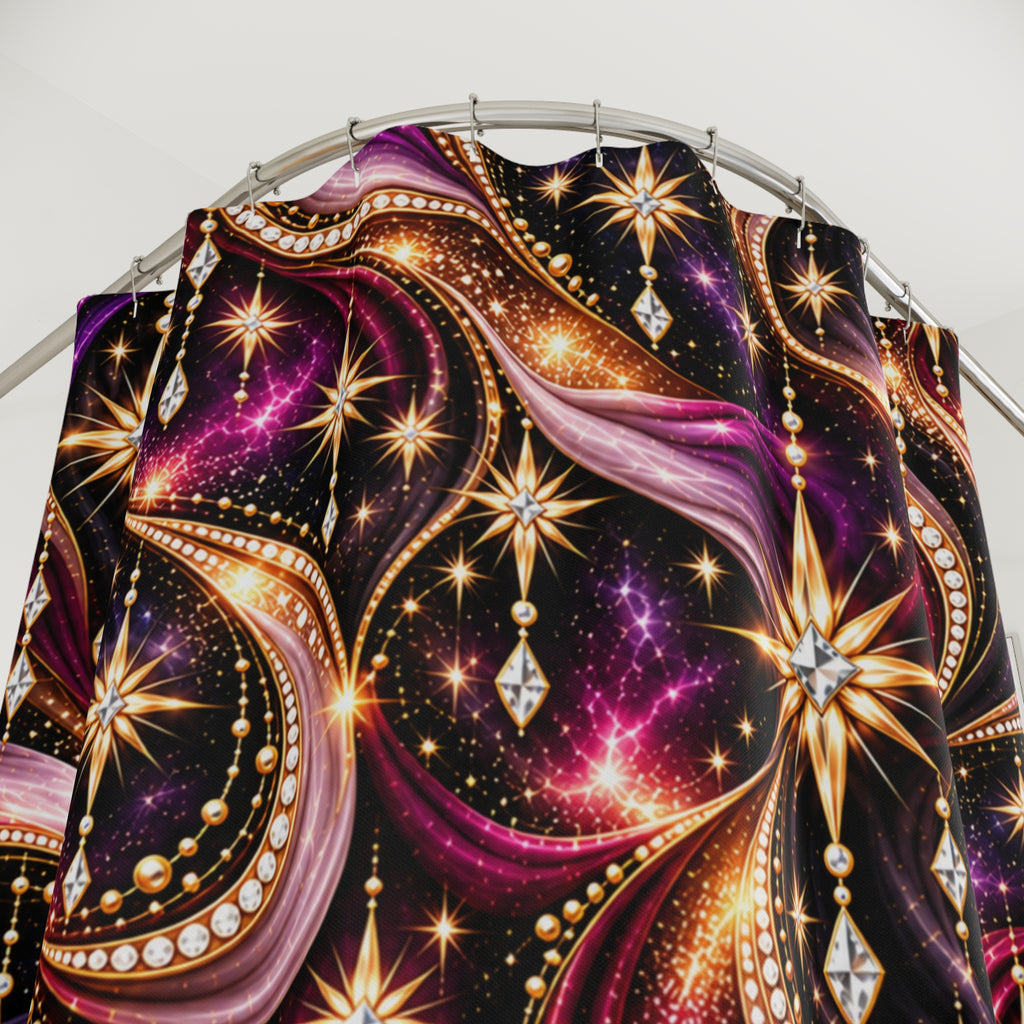Glam Galaxy Shower Curtain — Starburst Jewel Swirl Bathroom Decor