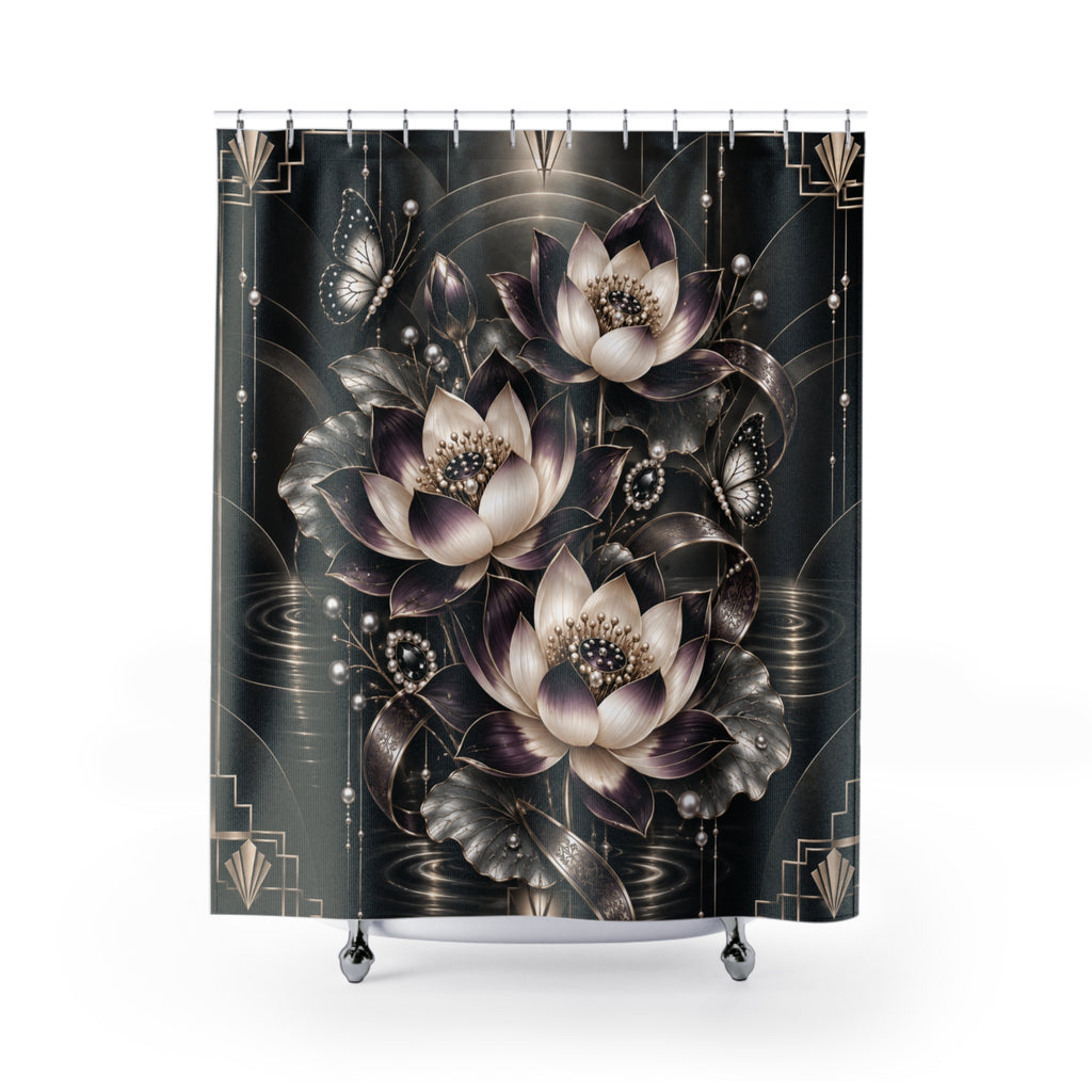 A shower curtain featuring an elegant Art Deco style design with lotus flowers, butterflies, and swirling metallic patterns on a dark background shower curtain.