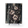 A shower curtain featuring an elegant Art Deco style design with lotus flowers, butterflies, and swirling metallic patterns on a dark background shower curtain.