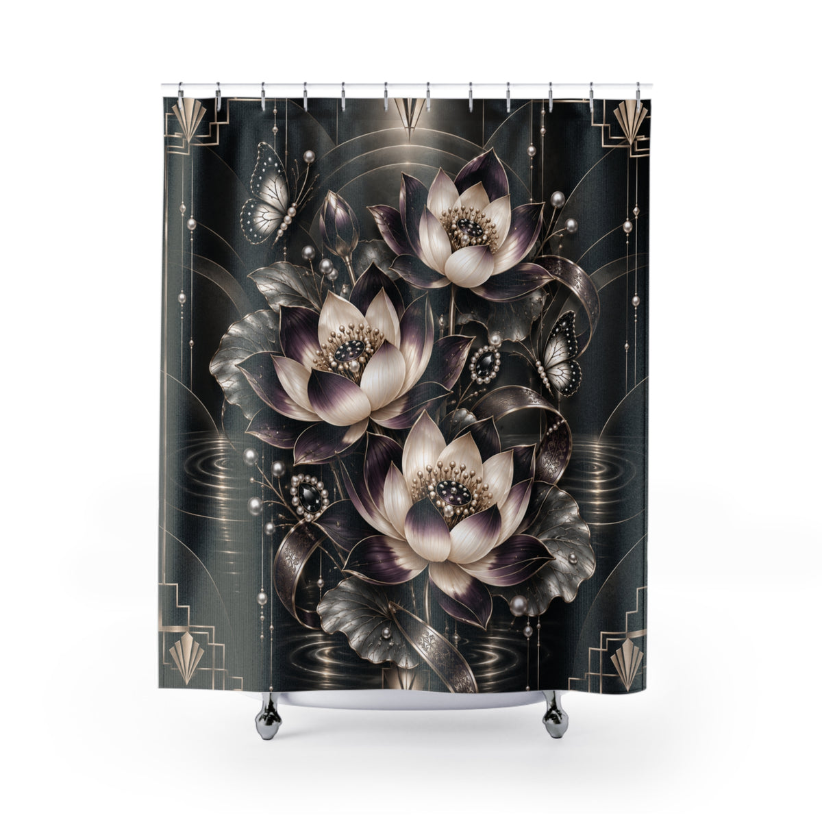 A shower curtain featuring an elegant Art Deco style design with lotus flowers, butterflies, and swirling metallic patterns on a dark background shower curtain.