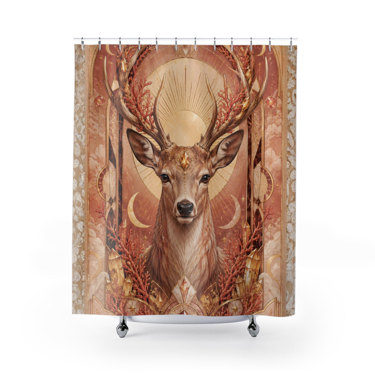 A shower curtain featuring a detailed fantasy-style illustration of a deer with large antlers, set against an ornate warm-toned background with moons, sun rays, and floral elements. The curtain is shown hanging from silver hooks over a white tub on a light gray background.