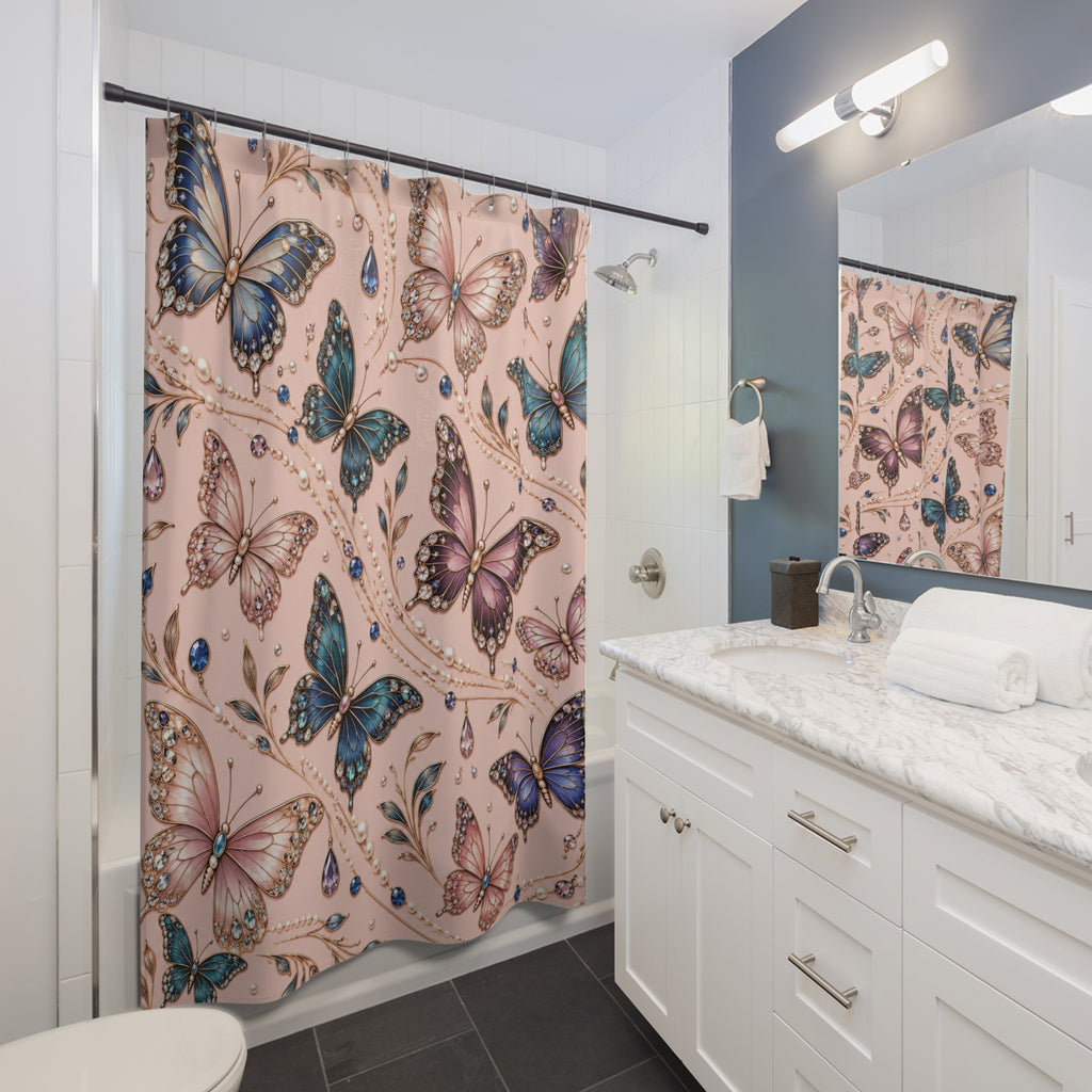 A pink shower curtain featuring a detailed print of blue, purple, and brown butterflies with floral accents, hanging in a modern white and blue-gray bathroom.