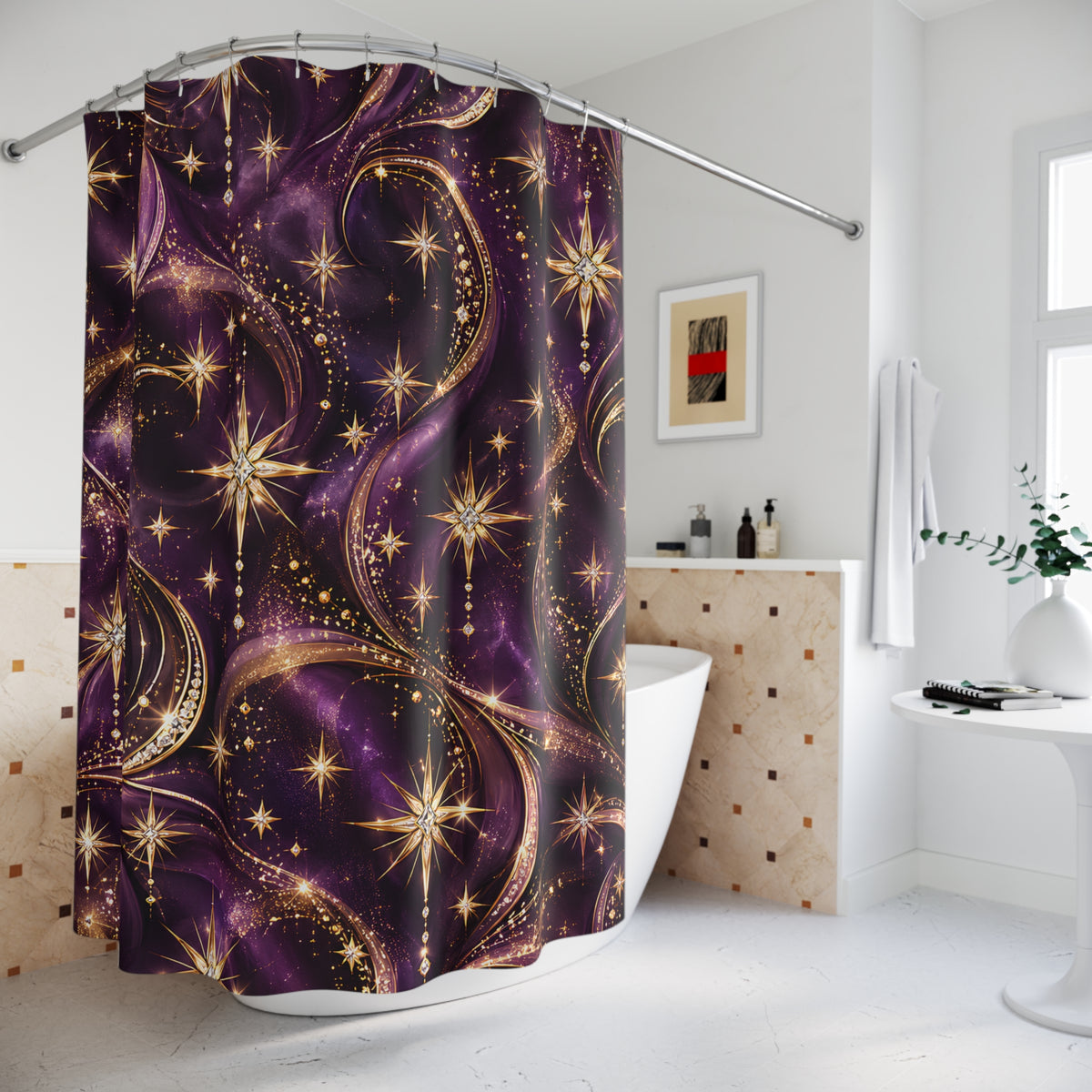 A purple and black shower curtain with a gold starburst and swirl pattern hanging in a bright white bathroom.