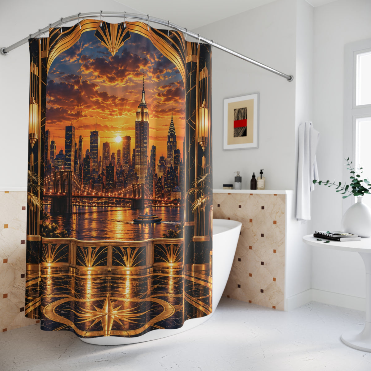 Golden Manhattan Sunset Luxury Shower Curtain | NYC Skyline Art Deco Bathroom Décor