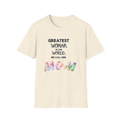 Beige t-shirt with text and colorful 'MOM' on a white background