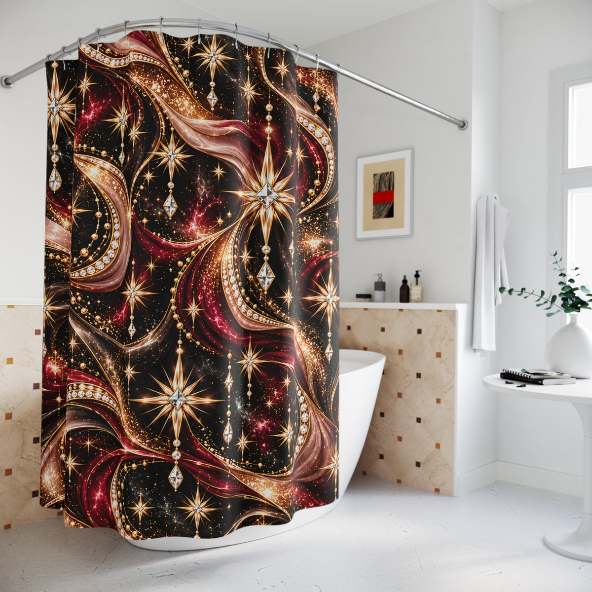 Celestial Glam Shower Curtain — Gold & Burgundy Starburst Bathroom Decor
