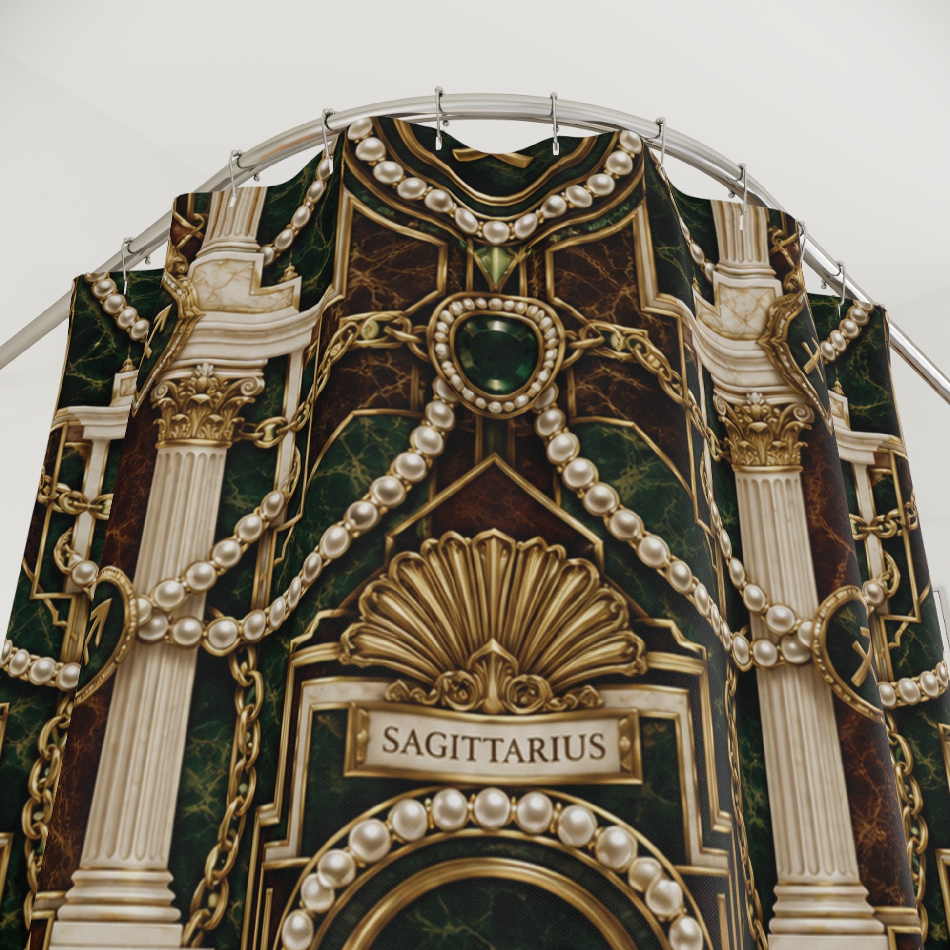 Decorative shower curtain with 'Sagittarius' text, gold accents, and pearls on a green background.
