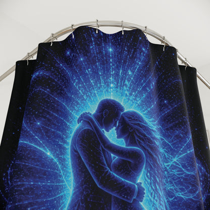 Romantic Cosmic Embrace Shower Curtain — Blue Galaxy Couple Bathroom Decor