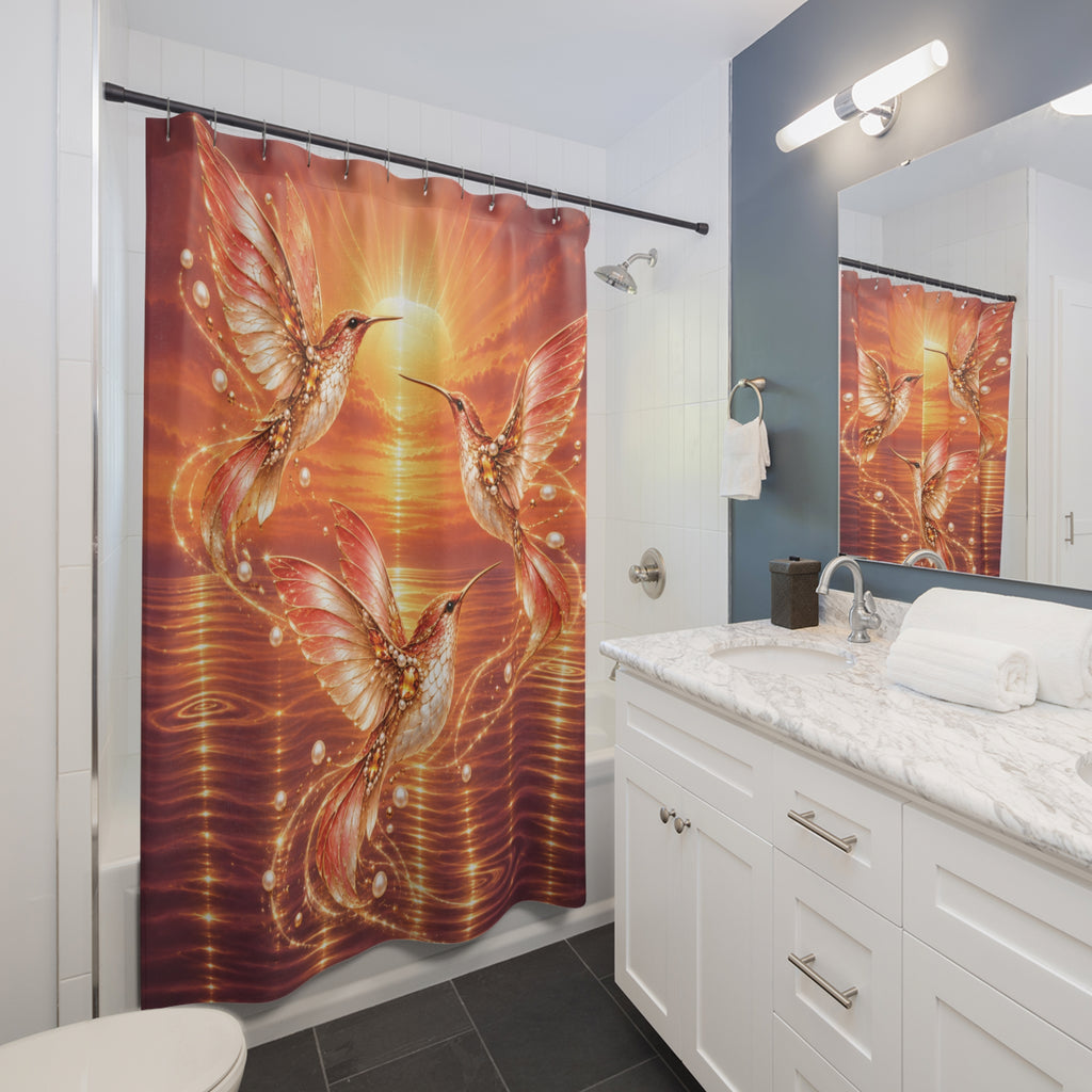A bathroom shower curtain featuring a vibrant, glowing print of three hummingbirds in flight against a warm orange and gold sunburst sky. The curtain is shown hanging from a black rod in a modern white and gray bathroom with a marble vanity and mirror.