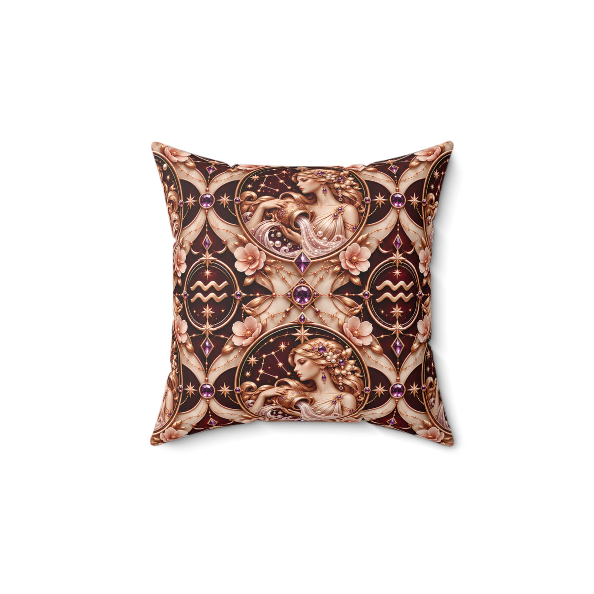 A square decorative throw pillow featuring an ornate baroque-style print with cherubs, floral motifs, and geometric details in brown, beige, and purple tones, shown against a plain white background.