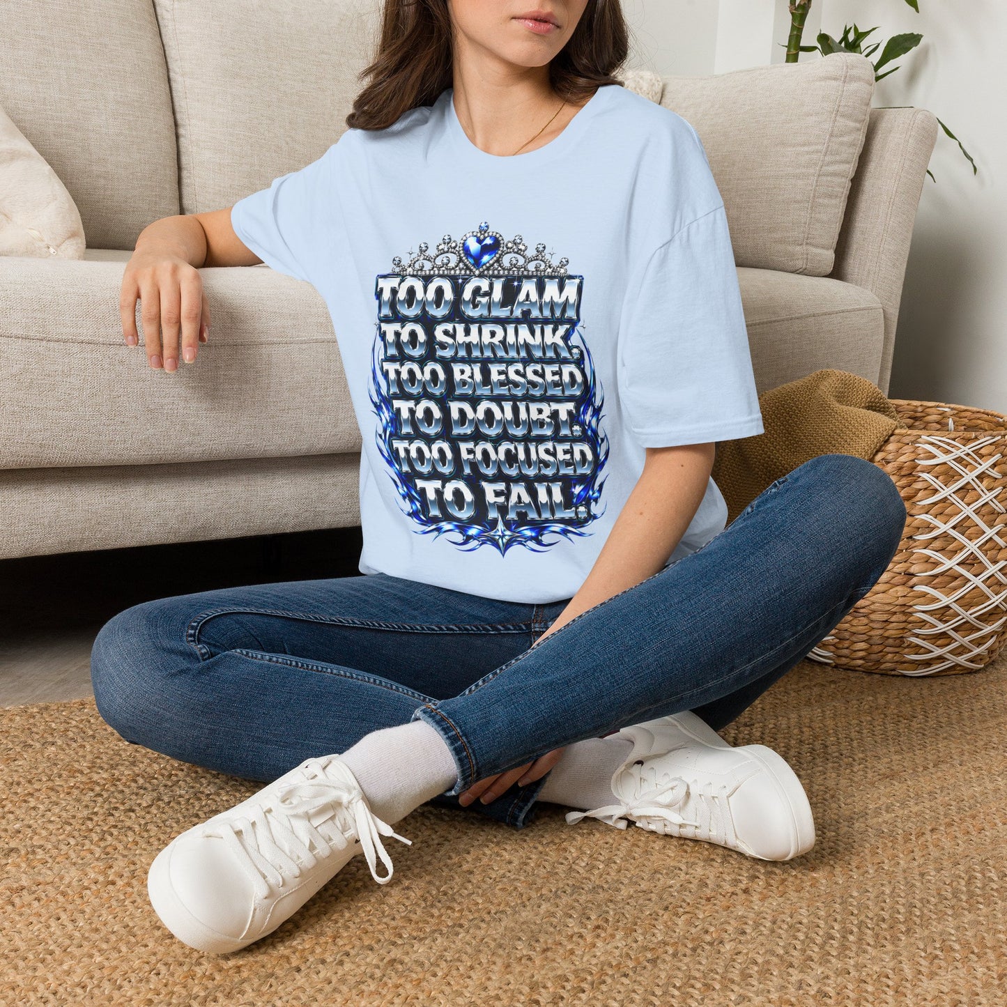 Too Glam to Shrink Too Blessed T-Shirt — Faux Rhinestone Tiara Graphic