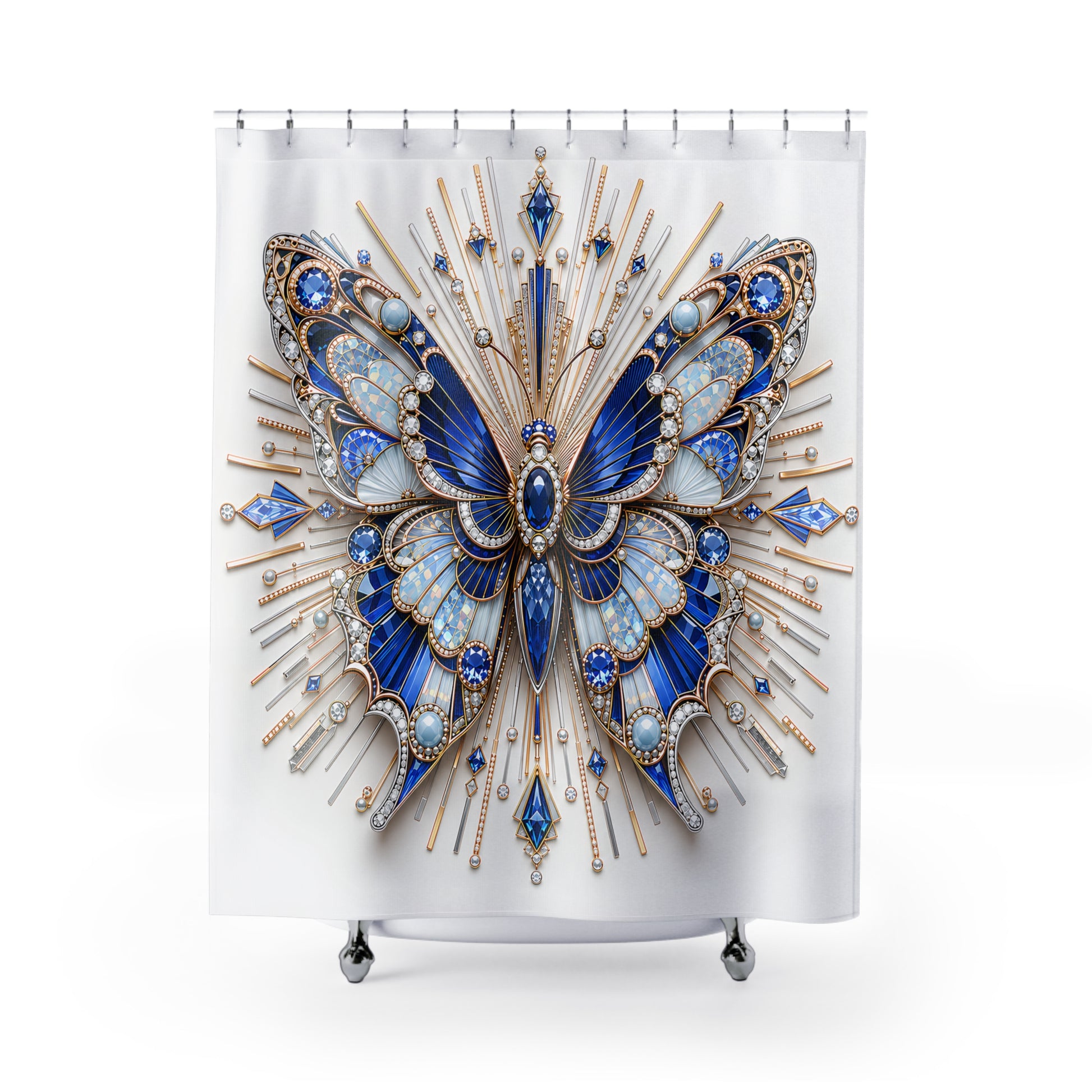A white shower curtain featuring a large ornate butterfly design in shades of blue, silver, and gold, hanging from silver hooks against a plain white background.