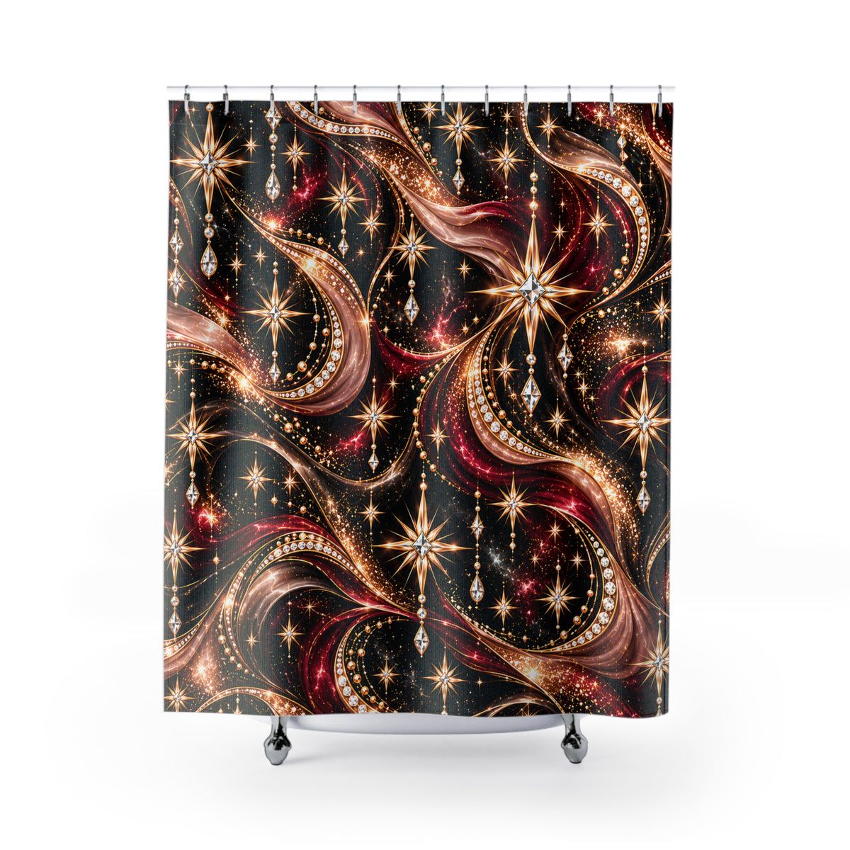Celestial Glam Shower Curtain — Gold & Burgundy Starburst Bathroom Decor