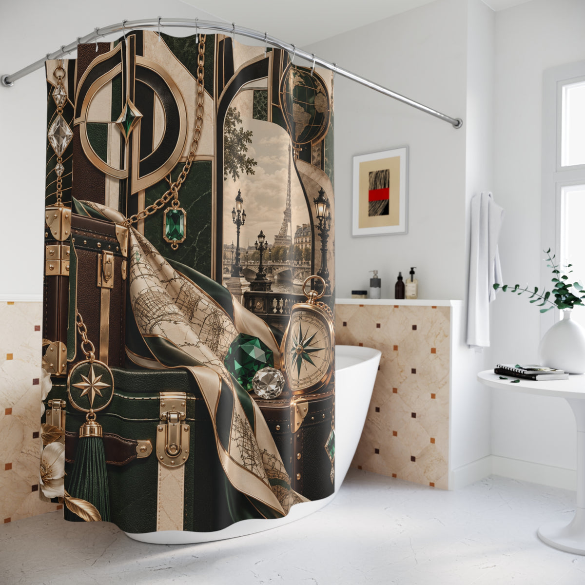 A bathtub in a bright bathroom with a large printed shower curtain featuring vintage-style luggage, maps, compasses, and a Parisian street scene. The room has white walls, a tiled counter, and a small side table with a vase.
