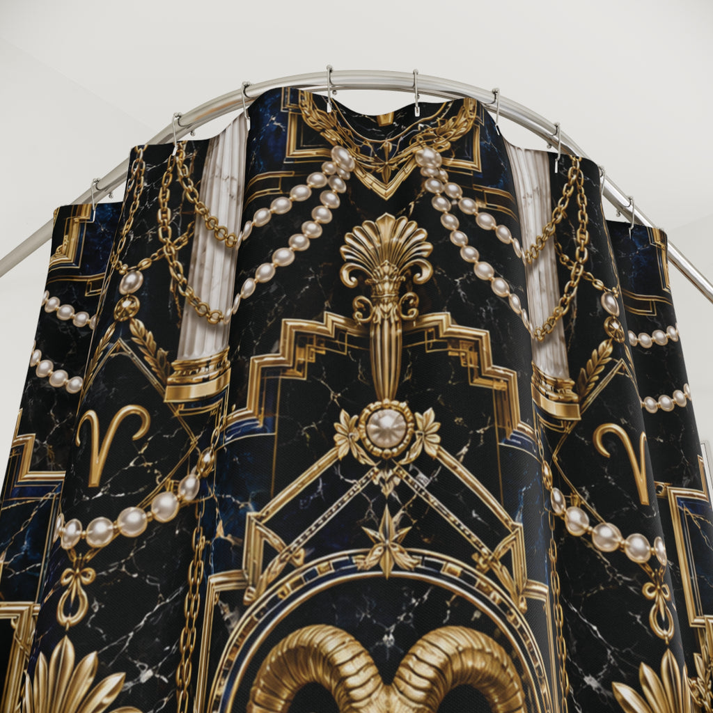 Decorative shower curtain with gold and pear Aries zodiac pattern on a black background