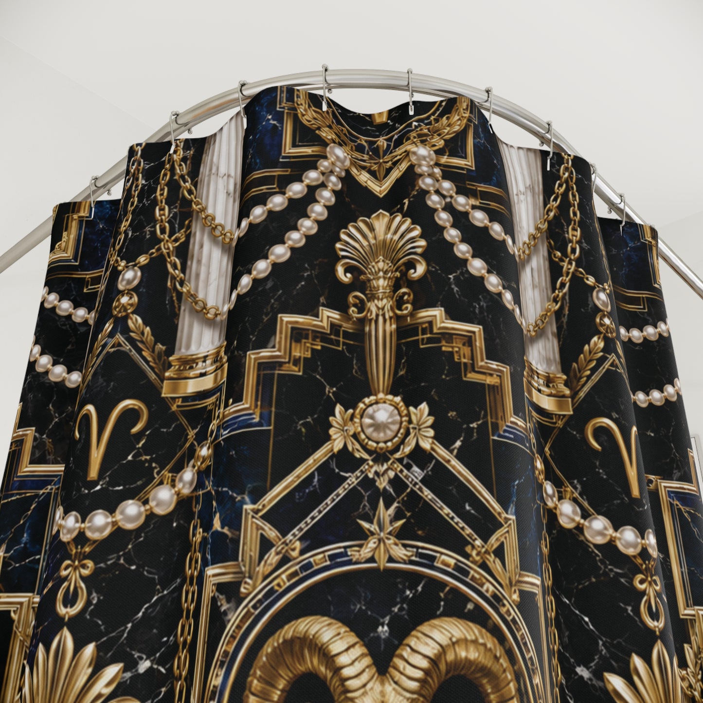 Decorative shower curtain with gold and pear Aries zodiac pattern on a black background