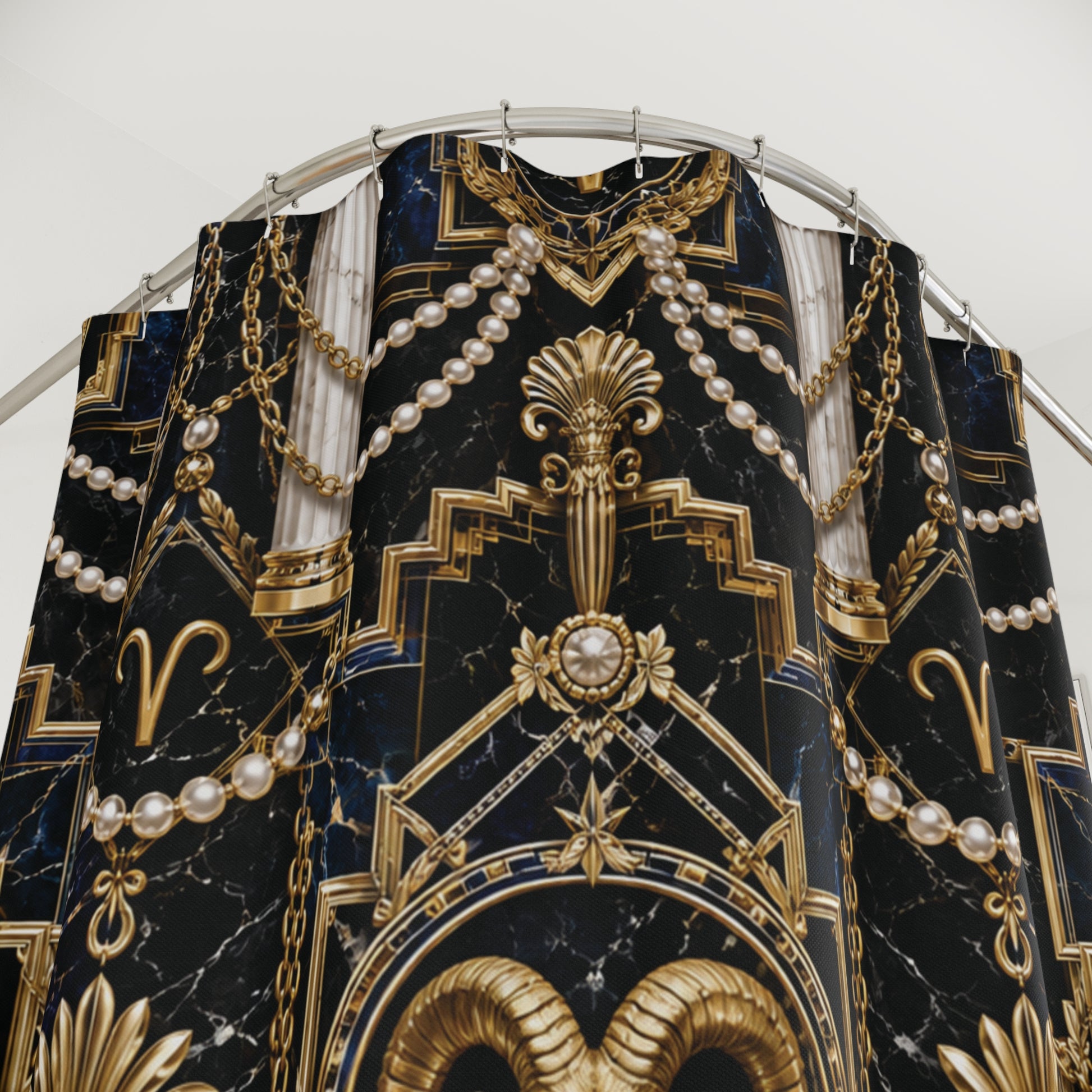 Decorative shower curtain with gold and pear Aries zodiac pattern on a black background