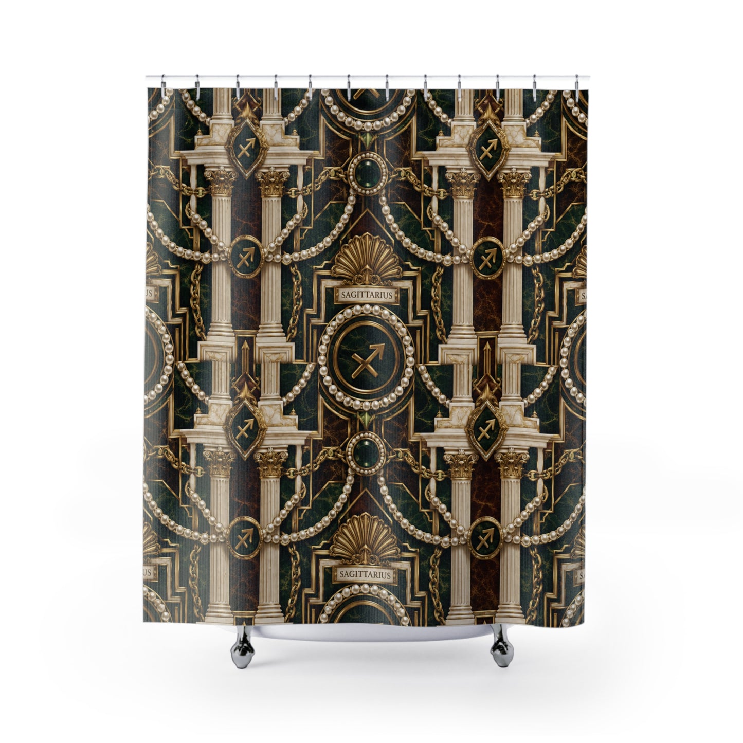 Decorative Sagittarius Zodiac shower curtain with intricate gold and black pattern on a white background