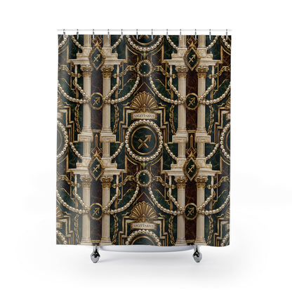 Decorative Sagittarius Zodiac shower curtain with intricate gold and black pattern on a white background