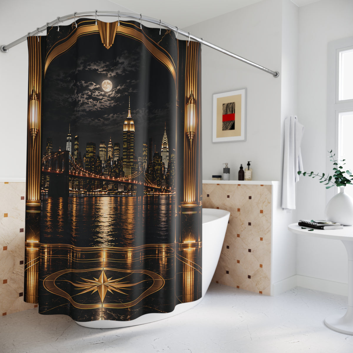 Manhattan Noir Luxe – Black & Gold Art Deco NYC Skyline Shower Curtain | Luxury Masculine Bathroom Décor