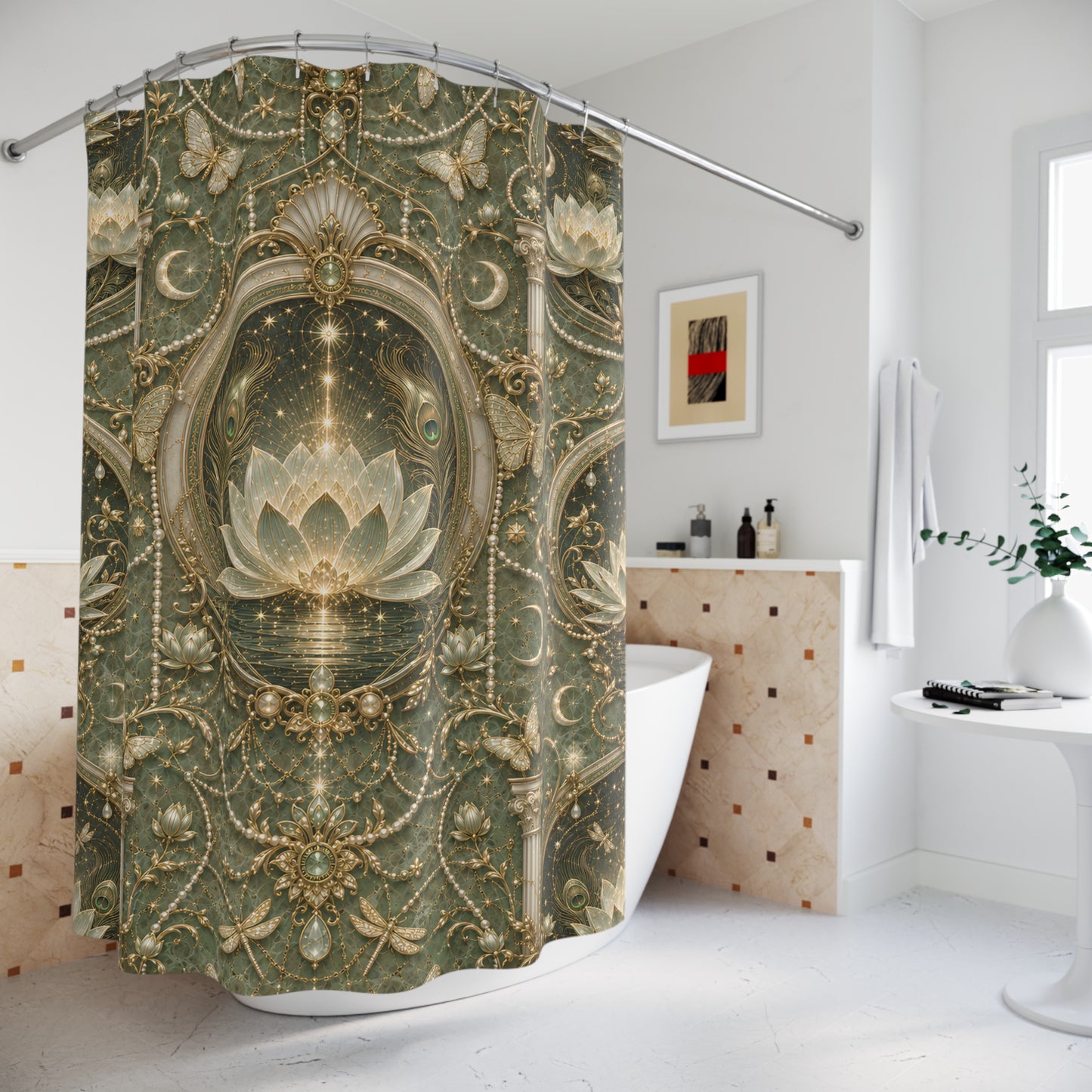 An ornate shower curtain hanging in a bright white bathroom. The curtain features a detailed, symmetrical baroque-style design with a central lotus flower, gold filigree, and a sage green background.