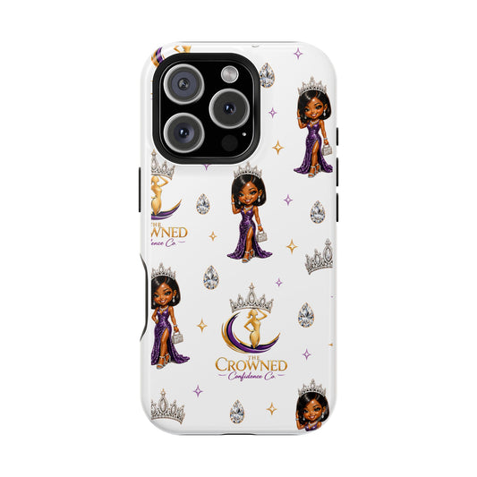 Phone case with cartoon character and 'Crowned' branding on a white background