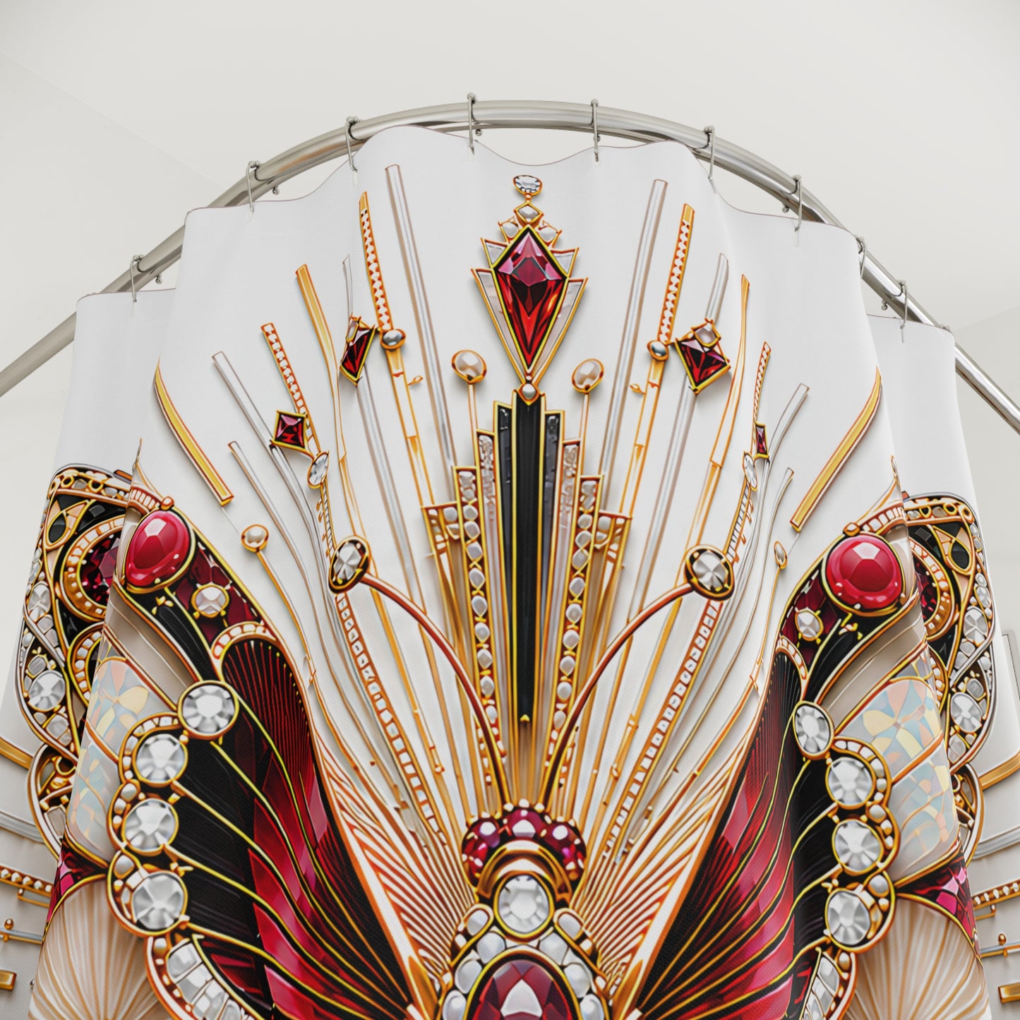 An ornate Art Deco style jewelry display or decorative shower curtain featuring gold-toned fan-shaped elements, red gemstones, clear rhinestones, and black accents against a white backdrop.