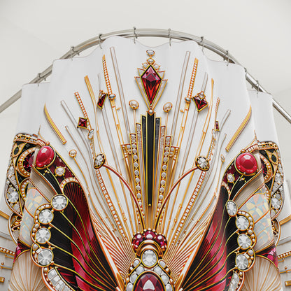 An ornate Art Deco style jewelry display or decorative shower curtain featuring gold-toned fan-shaped elements, red gemstones, clear rhinestones, and black accents against a white backdrop.