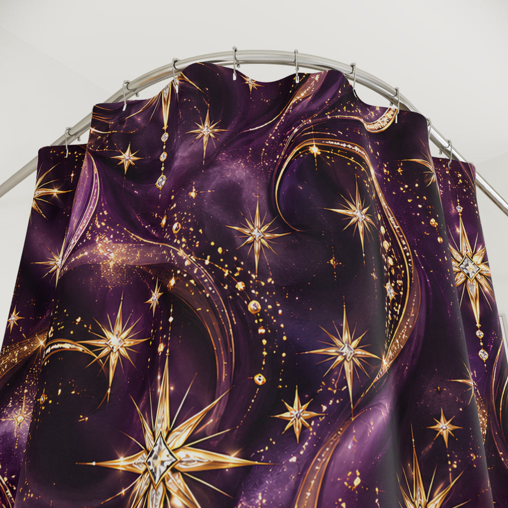 A purple curtain panel with a celestial print of gold stars, sparkles, and flowing light trails, hanging from a silver metal rod against a plain light background.